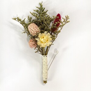 Konservierter Blumenstrauß, rosa Pfingstrose, Coxcomb, Hochzeitsgeschenk Boutonniere