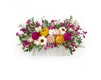 Peigne aux couleurs vives, Épingles à cheveux d'été, Fleurs séchées, stabilisé, Peigne floral, À clip, Mariage, Corsage, Bal de promo, Mariée, Rose, Bleu, Jaune, Vert