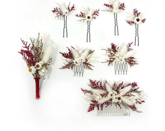 Red and White Hair Comb, Hair Pins, Burgundy Wedding Accessory, Floral Preserved Clip, Dried Flowers, Prom, Hair Accessory, Simple, Bridal