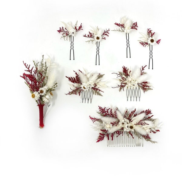 Red and White Hair Comb, Hair Pins, Burgundy Wedding Accessory, Floral Preserved Clip, Dried Flowers, Prom, Hair Accessory, Simple, Bridal