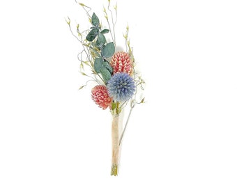 Wedding Boutonniere, Preserved Floral, Dried Flowers, Bridal Accessories, Winter, Decor, Blue and Pink, Eucalyptus, Globe Thistle