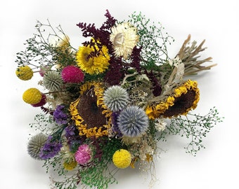 Bouquet coloré, fleurs sauvages, fleurs de mariage, violet, tournesols, caspia, mini gyp, carthame, décoration de maison, jeté boquet, rose, bleu