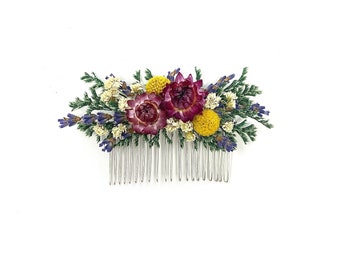 Peigne à cheveux, Épingles à cheveux d'été, Fleurs séchées, Conserve, Peigne à fleurs, À clip, Mariage, Corsage, Bal de promo, Mariée, Violet, Blanc, Jaune, Vert