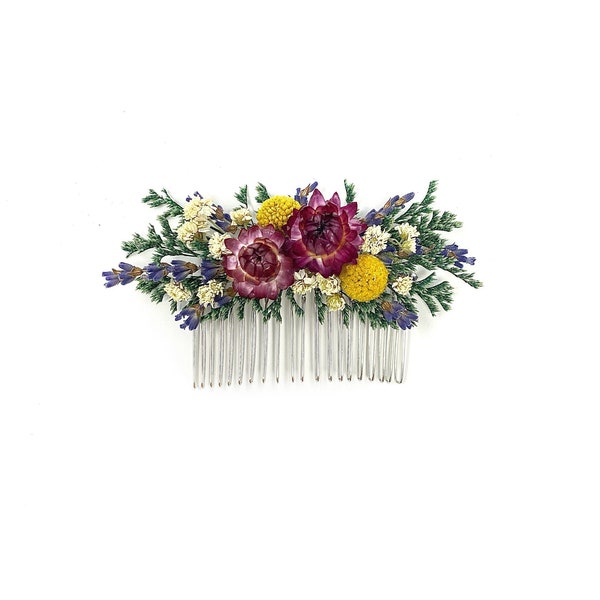 Hair Comb, Summer Hair Pins, Dried flowers, Preserved, Floral Comb, Clip, Wedding, Corsage, Prom, Bridal, Purple, White, Yellow, Green