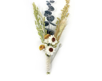 Wedding Boutonniere, Dried Flowers, Preserved Flowers, Bunny Tails, Decor, White and Green, Bridal Accessories