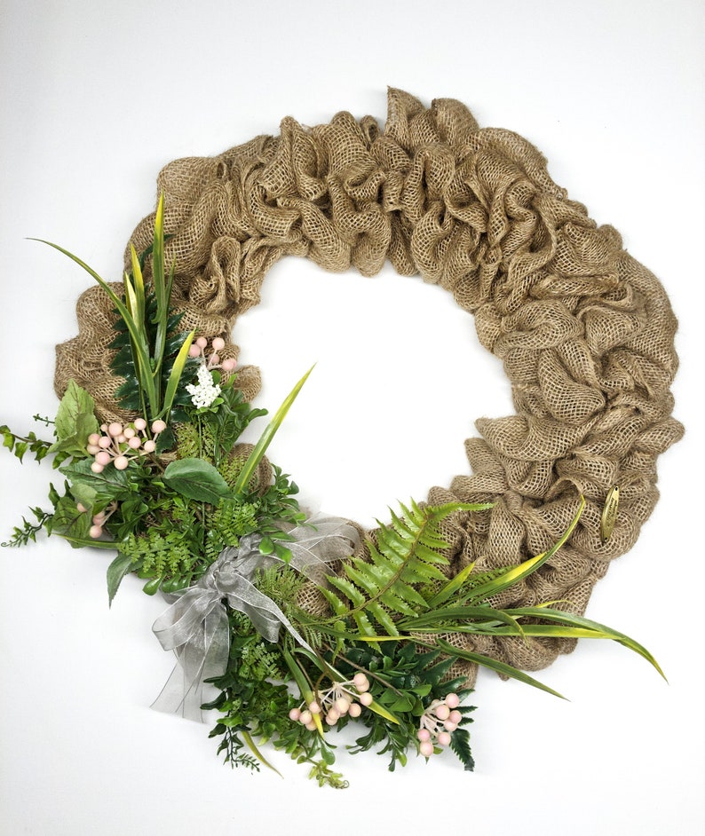 Green Wreath Pink Burlap Simple Front Door Bow Ribbon Image 0