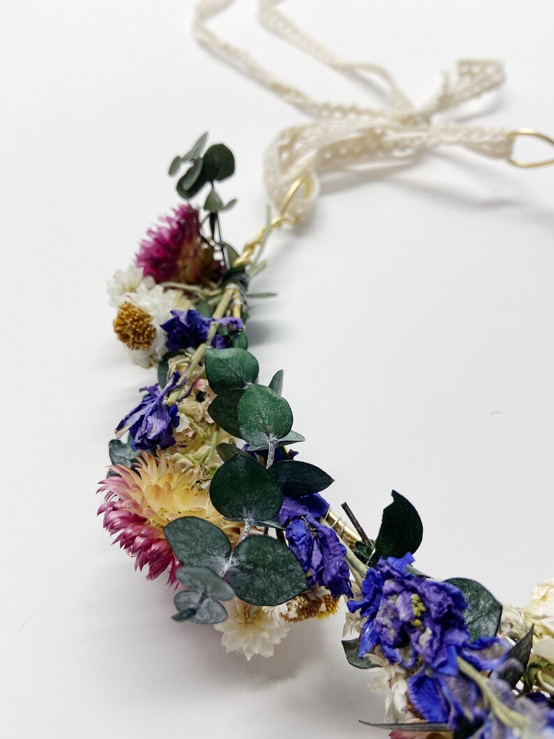 Dried Flower Floral Crown, Eucalyptus Strawflower Head Wreath image 7