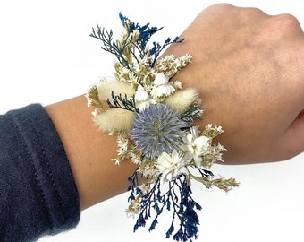 Corsage, Bruiloft Accessoires, Gedroogde Bloemen, Geconserveerde Bloemen, Blauw en Wit, Globe Thistle, Hand Decor, Ammobium, Caspia