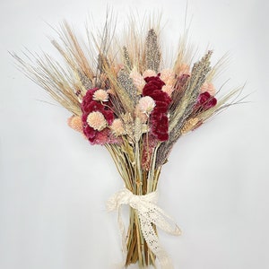 Fall Wedding, Dried Flowers, Rustic Bouquet, Coxcomb, Globe amaranth, Tapestry Millet, Wheat, Fall Colors, Throw Bouquet, Pink