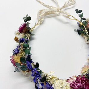 Dried Flower Floral Crown, Eucalyptus Strawflower Head Wreath image 2
