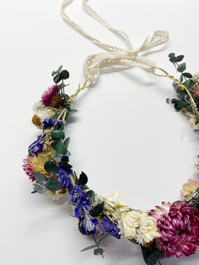 Dried Flower Floral Crown, Eucalyptus Strawflower Head Wreath image 2