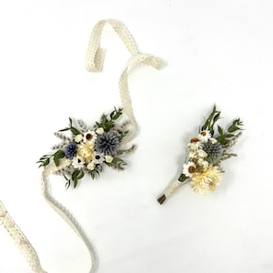 Corsage, wedding accessories, prom, floral corsage, dried flowers, preserved, boutonniere, natural, simple, light color, green, blue, white