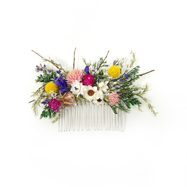 Peigne à cheveux coloré, Épingles à cheveux d'été, Fleurs séchées, Conservation, Peigne floral, À clip, Mariage, Corsage, Bal de promo, Mariée, Rose, Bleu, Jaune, Vert