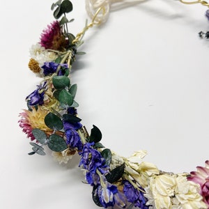 Dried Flower Floral Crown, Eucalyptus Strawflower Head Wreath image 3