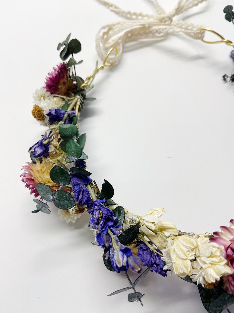 Dried Flower Floral Crown, Eucalyptus Strawflower Head Wreath image 3