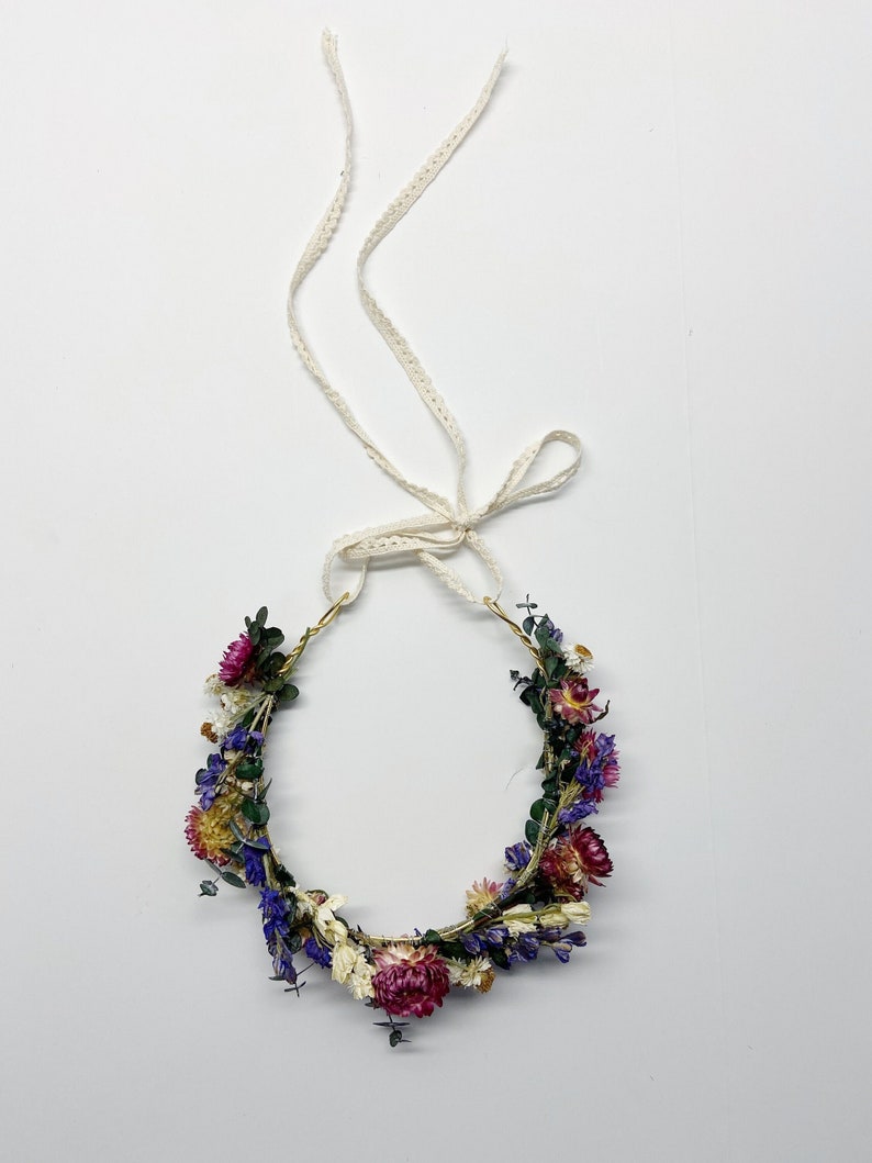 Dried Flower Floral Crown, Eucalyptus Strawflower Head Wreath image 4