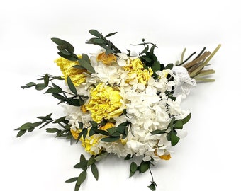 Bouquet jaune, Fleurs de mariage, Fleurs séchées, Jaune et blanc, Jeté de bouquet, Pivoines, Verdure, Fleurs d'été, Hortensias, Mariage