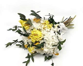 Yellow Bouquet, Wedding Flowers, Dried Florals, Yellow and White, Throw Bouquet, Peonies, Greenery, Summer Florals, Hydrangeas, Bridal