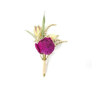Wedding Boutonniere, Dried Flowers, Preserved Floral, Peony, Decor, Bridal Accessories, German Statice, Greenery, Purple and Green