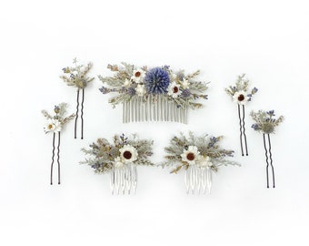 Peigne à cheveux, Épingles à cheveux, Fleurs séchées, stabilisé, Peigne floral, À clip, Mariage, Corsage, Bal de promo, Mariée, Bleu, Hiver, Printemps, Naturel, Blanc