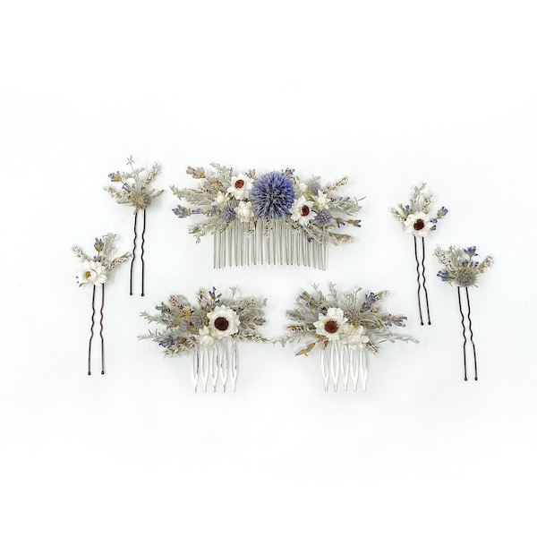 Hair Comb, Hair Pins, Dried flowers, Preserved, Floral Comb, Clip, Wedding, Corsage, Prom, Bridal, Blue, Winter, Spring, Natural, White