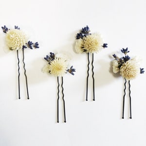 Alfinetes de cabelo branco roxo, creme, lavanda, azul, floral seco, flores de casamento, preservado, coroa de cabeça, pente de cabelo, flor na lapela, grampos de cabelo