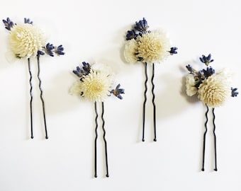 Getrocknete Blumen Haarnadeln, Lavendel Creme Blumen, Hochzeit Haarschmuck