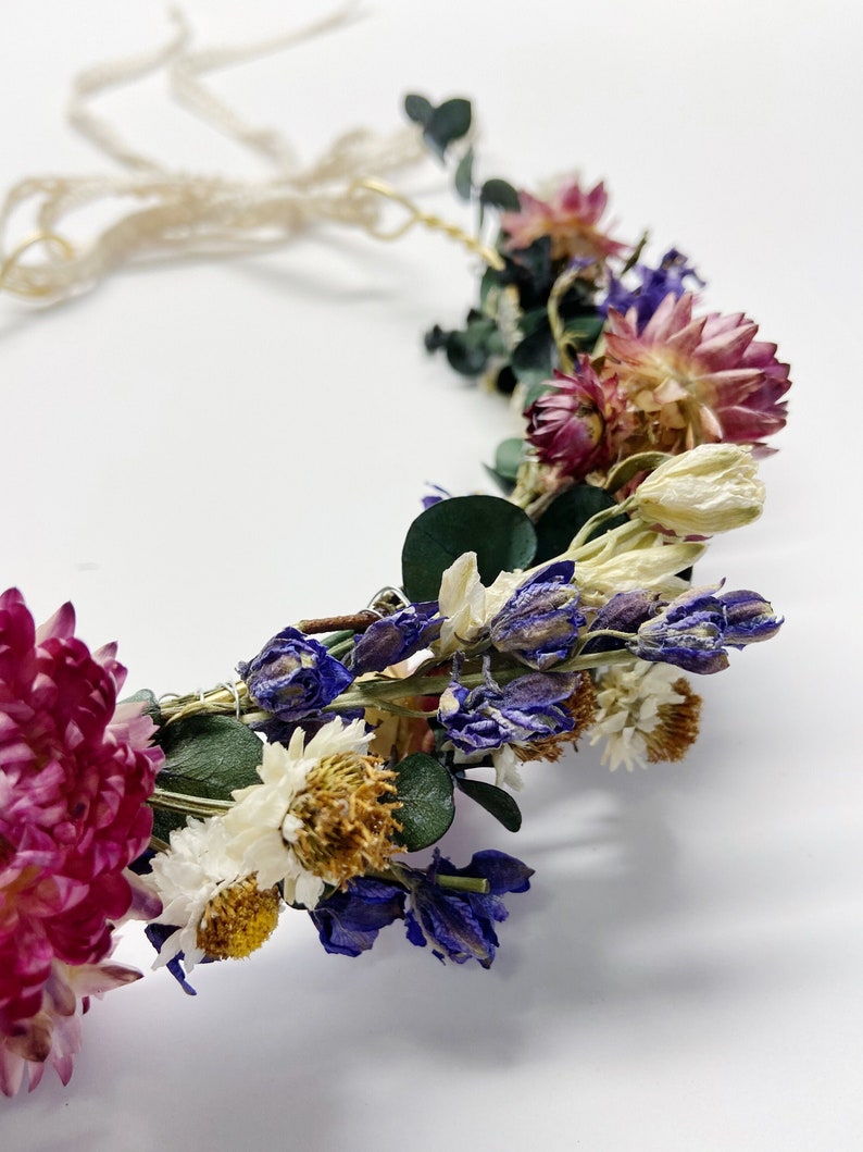 Dried Flower Floral Crown, Eucalyptus Strawflower Head Wreath image 6