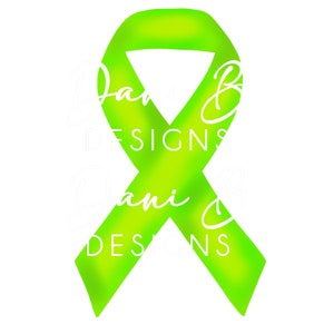 May include: A lime green awareness ribbon. The ribbon is tied in a loop with the ends pointing down. The ribbon is a symbol of support and awareness for various causes.