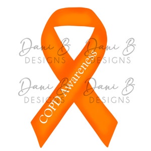Puede incluir: Cinta naranja con el texto blanco "COPD Awareness". La cinta es un símbolo de apoyo a las personas con enfermedad pulmonar obstructiva crónica. Fondo blanco.