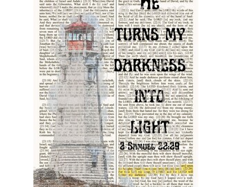 Bible Verse 2 Samuel 22:29 Digital Art Image - Darkness into light w/ lighthouse artwork poster print, Christian scripture printable gift
