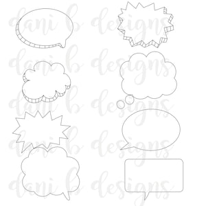 May include: A set of eight black and white speech bubbles with different shapes and sizes. The speech bubbles are perfect for adding a fun and whimsical touch to any project.