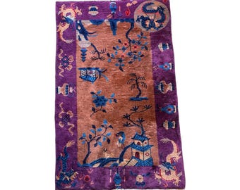 Antique Art Deco 1920s Chinese Plum Coral Handwoven Rug Dragons Pictoral 3’ x 5’