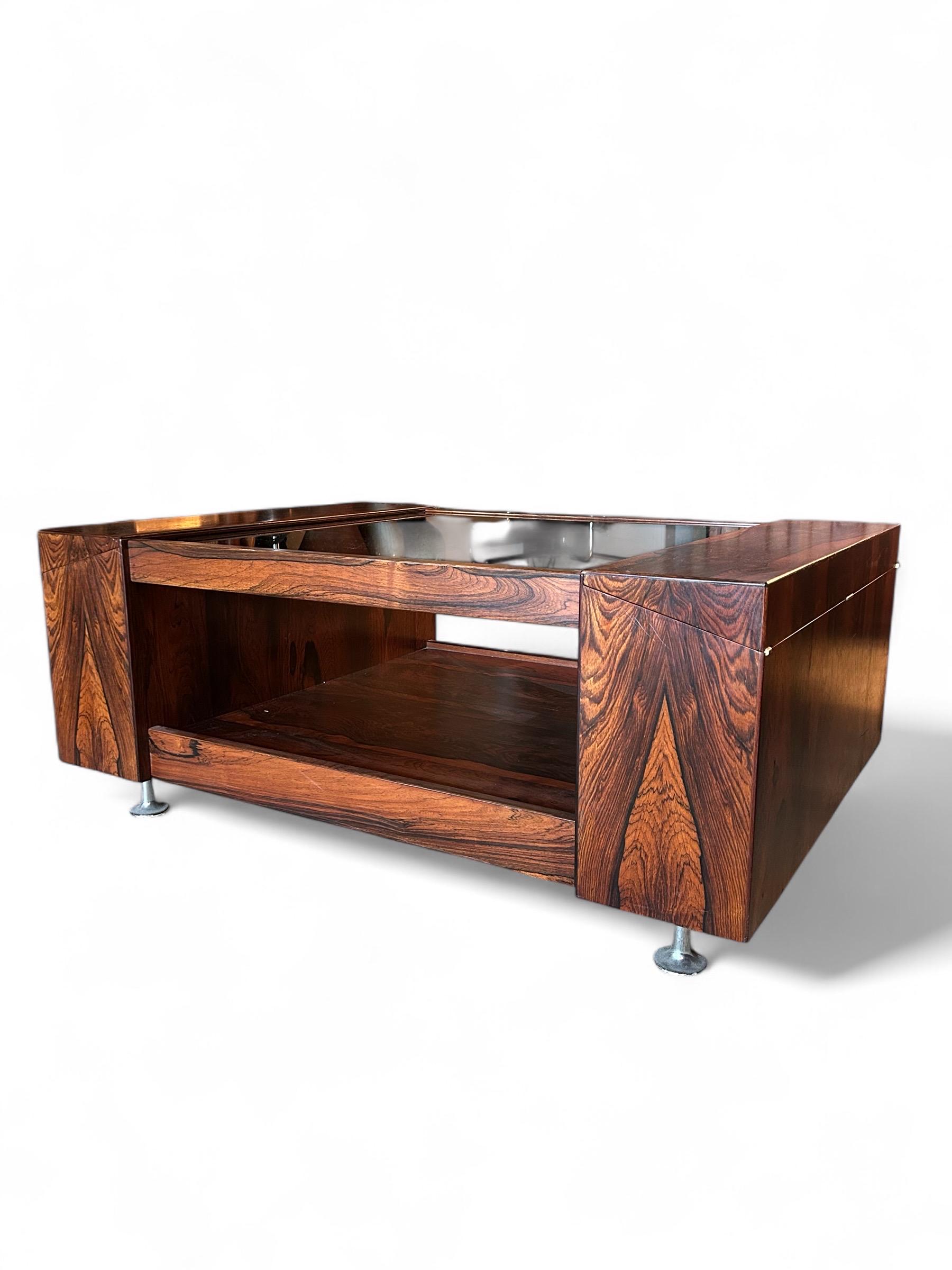 Mid Century Modern Sola Ganddal Norway Brazilian Rosewood Coffee Table Smoked Glass Side Storage Compartments