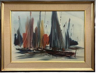 Vintage Original Clarence Kincaid Watercolor Painting Sailboats 1962 Texas