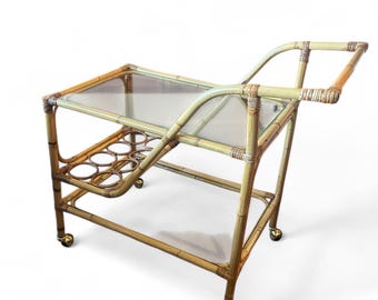 Vintage Coastal Mid Century Bamboo Glass Rattan Bar Cart 2 Glass Shelves Beach