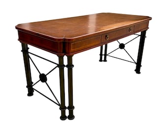 Vintage Maitland Smith Gilt Brown Leather Wrapped Metal X Base Writing Coastal Desk 60” Table
