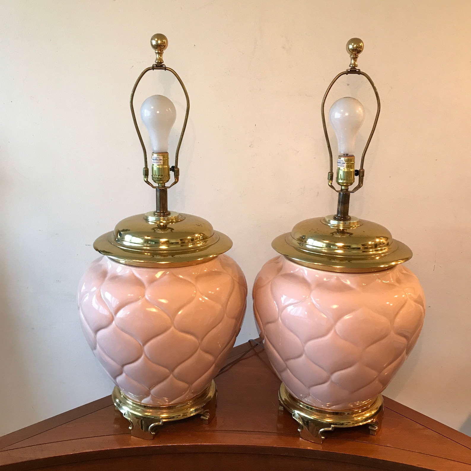 Vintage Pink Quilted Ceramic Brass Ginger Jar Table Lamps Etsy