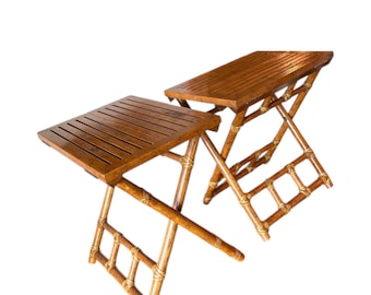 Vintage Authentic McGuire Oak Bamboo Side Folding Camp Drinks Tables Bench Leather Campaign