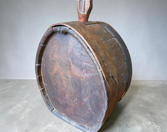 18th Century Staved Wood Metal Canteen Whiskey Barrel Flask with Stopper Teardrop Shape