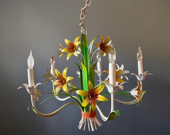 Vintage 1950’s Italian Tolle Painted Chandelier Yellow Orange Green Metal Flowers 5 arm 24” Light
