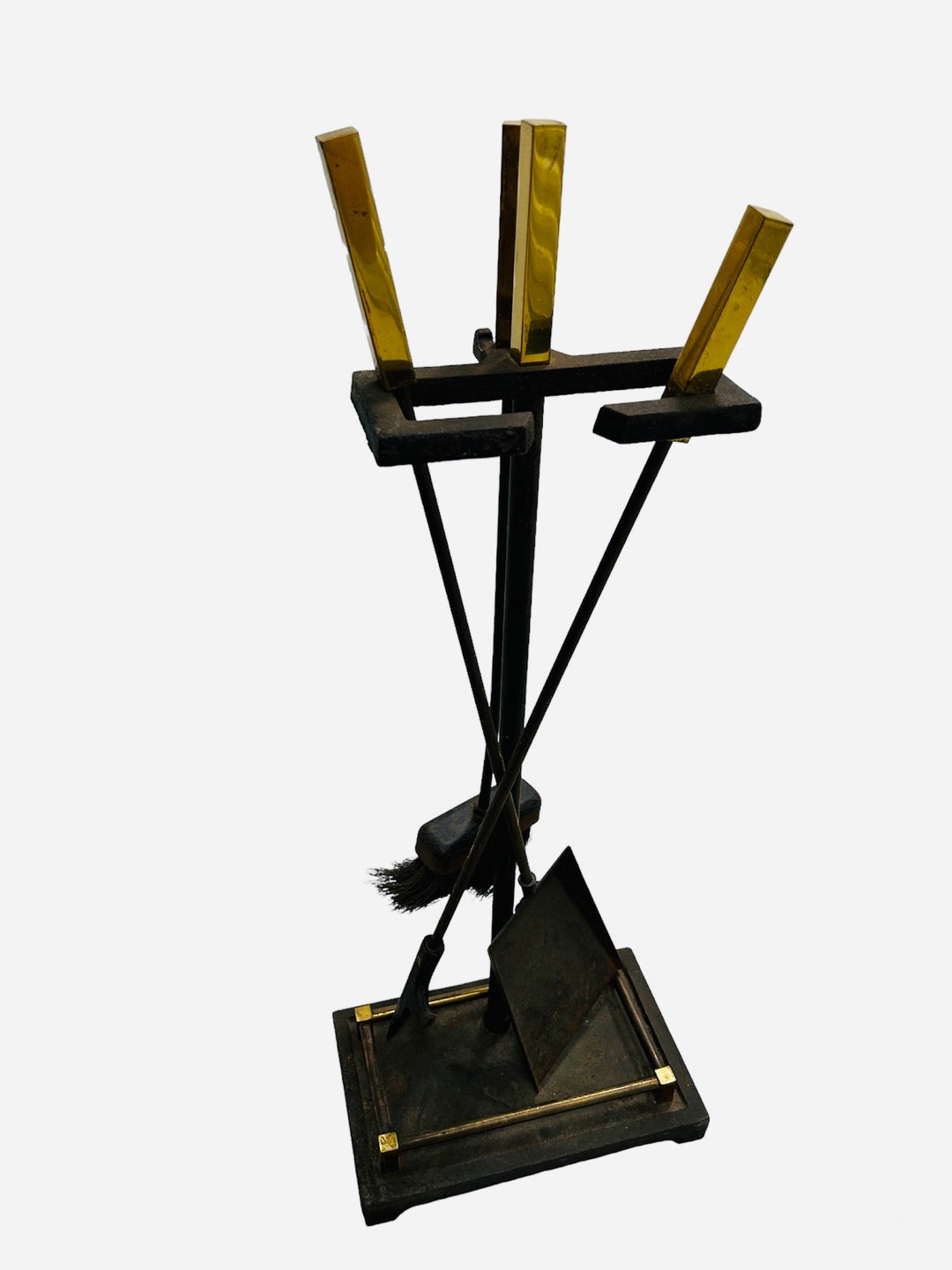 Mid Century Modern Brass Iron Fireplace Tool Set 3 Stand Etsy