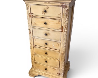 Sweet Antique Solid Walnut 7 Drawer Carved Lingerie Chest of Drawers Painted Champagne 53.5” Rustic Farmhouse