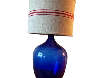 Antique French Cobalt Large Glass Jug Table Lamp Linen Red Stripe Shade