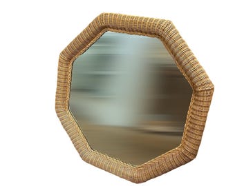 1970s Wicker Woven Vintage Octagonal Coastal Wall Accent Mirror 36”