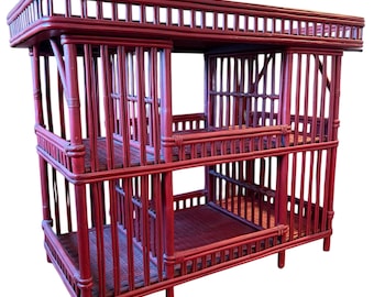 Vintage Red Bamboo Rattan Etagere Bookcase Display Retail Shelf Tray Top Large 3 Tier