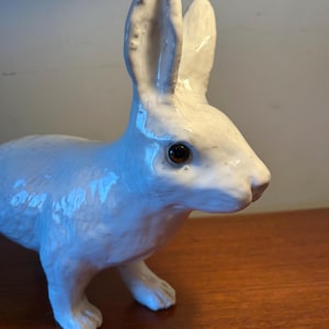 May include: White ceramic rabbit figurine with brown eyes. The rabbit is standing on all four legs and has long ears.
