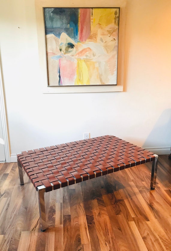 Vtg Ralph Lauren Modern Brown Leather Strap Chrome Bench Coffee Table 48 X 30
