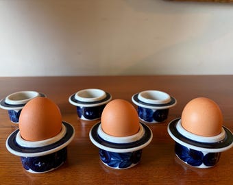 Vintage Set 6 Arabia Finland Anemone Ursula Pocope Cobalt Egg Cups
