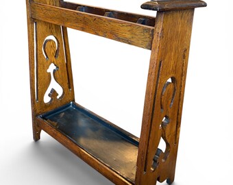 Antique Arts and Craft Oak Umbrella Stick Stand Pierced Art Nouveau